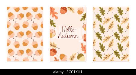 Herbst-Vektor-Set mit Eicheln und Eichenblättern im warmen minimalistischen Stil Stock Vektor