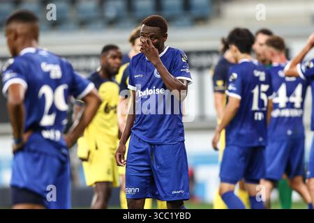 Gent, Belgien. August 2025. Gent's Spieler scheinen bei einem Fußballspiel zwischen KAA Gent und Royale Union Saint-Gilloise am Samstag, den 9. August 2025 in Gent, am dritten Tag der ersten Liga der Jupiler Pro League 2025-2026, niedergeschlagen zu sein. BELGA FOTO BRUNO FAHY Credit: Belga News Agency/Alamy Live News Stockfoto