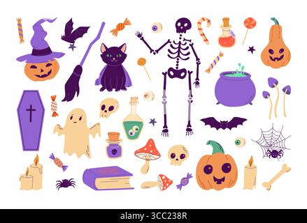 Happy Halloween Elements Set. Skelett, Geist, Kürbis, Fledermaus, schwarze Katze, Süßigkeiten, Spinnen Cartoon Vektor Illustration. Perfekt für Scrapbooking Stock Vektor