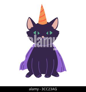 Niedliche schwarze Karikatur-Katze mit grünen Augen und einer Hut-Vektor-Illustration. Frohes Halloween Stock Vektor
