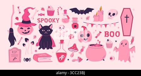 Cartoon rosa Halloween Vektor Set. Kürbis, Geist, Katze, Fledermaus, Grab, Süßigkeiten-Deko-Clipart. Barbiecore, rosa Stil. Stock Vektor