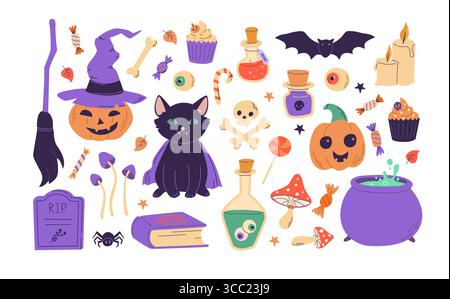 Cartoon Halloween Elements ClipArt. Kürbis, Fledermaus, schwarze Katze, Trank, Süßigkeiten, Spinne, Besen, magisches Vektorset. Perfekt für Scrapbooking, Einladung, Stock Vektor