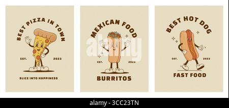 Set mit niedlichen Streetfood-Charakterpostern im Retro-Zeichentrick. Vintage Taco, Pizza und Hot Dog Maskottchen. Fastfood-Vektor-Illustration für Cafeteria. Nostalgie Stock Vektor