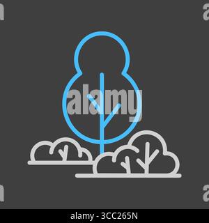 Gruppe von Laubbäumen und Sträuchern, Büschen, Hainen, Waldvektorsymbol auf dunklem Hintergrund. Naturzeichen. Diagrammsymbol für Reise- und Tourismus-Website A Stock Vektor