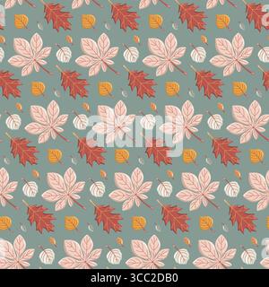 Nahtloses Herbstmuster mit roten Eichen-, Kastanien- und Pappelblättern auf blauem Hintergrund. Vektor-Laubhintergrund. Stock Vektor