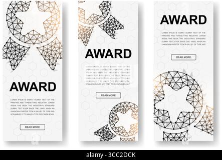 Satz polygonaler vertikaler Banner. 3D belohnen Symbole mit einem niedrigen Poly-Wert mit verbundenen Punkten. Qualitätsgarantie vertikale Abbildung für Homepage-Design. Stock Vektor
