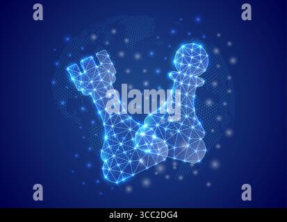 Digitaler polygonaler Schachturm und Bauernhof glühend mit Netzgewebe, futuristischem, flachem abstraktem Design auf dunklem Hintergrund Stock Vektor