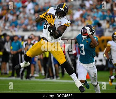 Jacksonville, Usa. August 2025. Pittsburgh Tight End Darnell Washington (80) feiert einen Auftakt für einen Touchdown im ersten Quartal, als die Steelers am Samstag, den 9. August 2025, im EverBank Stadium in Jacksonville, Florida gegen die Jaguars antreten. Pittsburgh besiegte Jacksonville mit 31:25. Foto: Joe Marino/UPI. Quelle: UPI/Alamy Live News Stockfoto