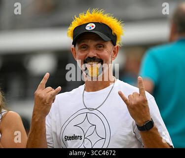 Jacksonville, Usa. August 2025. Ein Pittsburgh Steeler-Fan zeigt seine Farben, während die Steelers am Samstag, den 9. August 2025, im EverBank Stadium in Jacksonville, Florida, gegen die Jaguars antreten. Pittsburgh besiegte Jacksonville mit 31:25. Foto: Joe Marino/UPI. Quelle: UPI/Alamy Live News Stockfoto