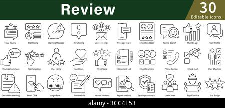 Überprüfen Sie die Symbolgruppe in Linienart mit editierbarem Vektor für Feedback, Bewertung, Bewertung und Kundenbewertung Stock Vektor