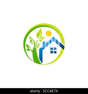 Haus in kreisförmigen grünen Pflanzen, blaues Haus Logo Symbol Vektor Design Elemente Illustration Stock Vektor