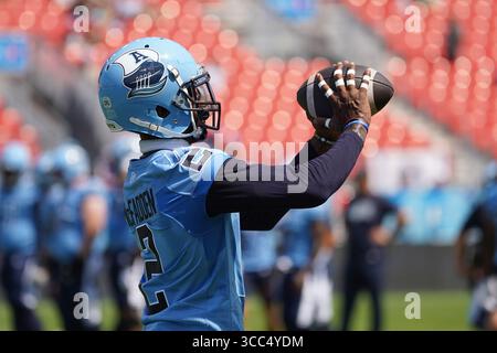 Toronto, Ontario, Kanada. August 2025. Toronto Argonauts verteidigt Tarvarus McFadden beim warm Up der Woche 10 CFL 2025 gegen die Ottawa RedBlacks im BMO Field auf Platz 2. Am 9. August 2025 in Toronto, Kanada. (Kreditbild: © Leonardo Ramirez/eyepix via ZUMA Press Wire) NUR REDAKTIONELLE VERWENDUNG! Nicht für kommerzielle ZWECKE! Stockfoto