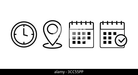 Symbol für den Adressort. Stoppuhr-Timer-Symbol. Datumskalender-Symbol - Web-Symbole festgelegt Stock Vektor