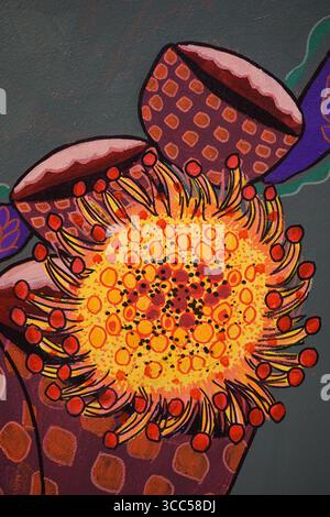 Abstraktes Gemälde mit leuchtend gelber Blume mit leuchtenden roten und lila Akzenten. Kunst von Samantha Redmill Art. Salisbury, England Stockfoto