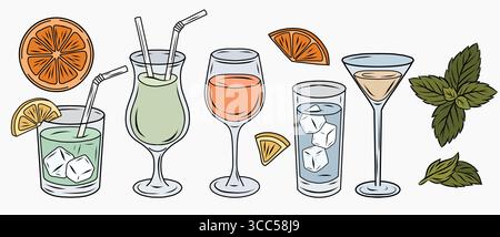 Vektor bunte Clip Arts Set mit verschiedenen Cocktailgläsern mit Eiswürfeln, Strohhalmen und Zitronenscheiben. Gezeichnet im Konturstil mit Farbfüllung. Perfekt für Stock Vektor