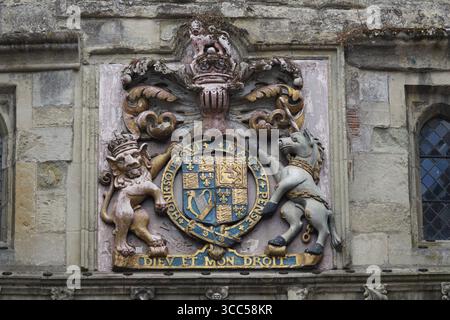 Antikes königliches Wappen an der historischen Steinmauer. Salisbury, England Stockfoto