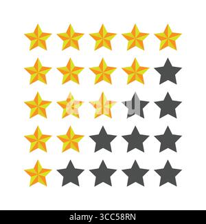 Goldene fünf-Sterne-Bewertungssymbole 5 bis 1 glänzende Sterne Symbol für beste Qualität, Produktbewertung, Kundenfeedback, Qualitätsabzeichen Stock Vektor