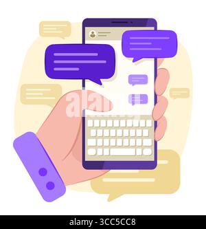 Hand hält ein Smartphone mit Chatanwendung und Nachrichtenblasensymbol für die Illustration des Konzepts Online-Chats und Telekommunikation Stock Vektor