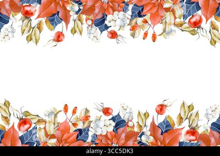 Festlicher rechteckiger Rahmen mit Weihnachtsstern, wilder Rose und Schneebeere. Botanische Aquarellillustration mit Herbstblättern. Eine Weihnachtsvorlage mit einem Stockfoto