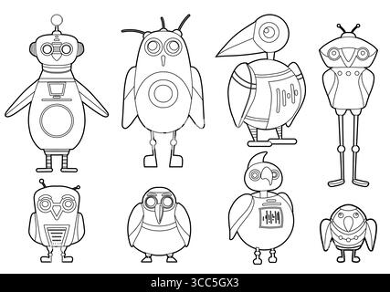 Vektorsatz der Kontur nette Zeichentrickroboter Vögel. Sammlung von ClipArt-Automaten für Outline-Vogel. Zukünftige Haustiere. Bilder für Aufkleber, Spiele und Symbole Stock Vektor