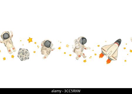 Nahtlose Weltraumgrenze, Astronauten, Sterne und Raumschiff. Handgezeichnete Aquarellillustration. Design für Textilien, Papier, Einladungen, Scrapbooking Stockfoto