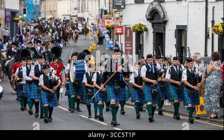 Coldstream Civic Week. Flodden Rideout kehrt zurück in die Stadt, nachdem er den Ort der Flodden-Schlacht besucht hat, wo die schottische Armee 1513 besiegt wurde Stockfoto