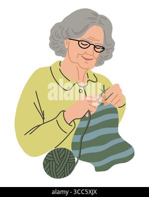 Flache Art Vektor-Illustration der älteren Frau in den Gläsern, die einen gestreiften Stoff mit grünem Garn und Häkelnadel stricken. Stock Vektor