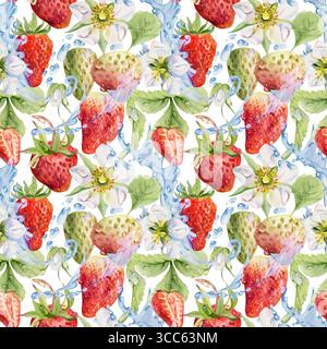 Erdbeerbeeren lassen Blumen fliegen in Tautropfen, Eiswürfel, Wasserspritzer. Reife Sommer wilde Garten Strasberry Hand gezeichnet in Aquarell. Isoliert Stockfoto