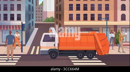 Orangener Müllwagen fährt auf der Stadtstraße. Umweltfreundlicher Abfall und Nachhaltigkeitskonzept. Vektor nicht AI generiert Stockfoto