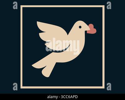 Stilisierte Taube mit Herzform im Schnabel über dunklem Hintergrund. Konzept von Frieden, Liebe, Freiheit, Illustration, Vogelsymbol, Logo-Design, minimalistischer Gra Stock Vektor