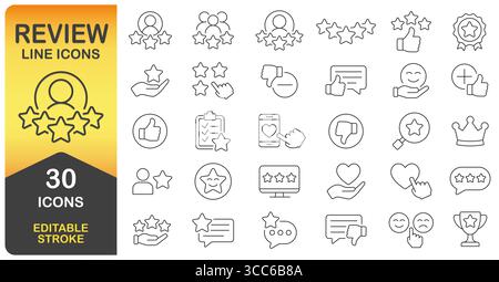 Symbolsatz Für Überprüfungs- Und Feedbacklinien Mit 30 Bearbeitbaren Konturen. Sammlung Dünner Linien. Enthält Bewertungen, Sterne, Kommentare, Likes Und Kunden Stock Vektor