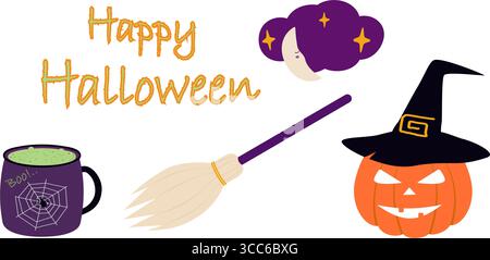 Lila Halloween Becher Besen Kürbis in Hexenhut Mondwolke und Happy Halloween Text. Bundle. Isolierte Vektor-Illustration Halloween Feiertag thematisierte Karten Werbebanner, Flugblätter, Preisschild, Etikett Stock Vektor
