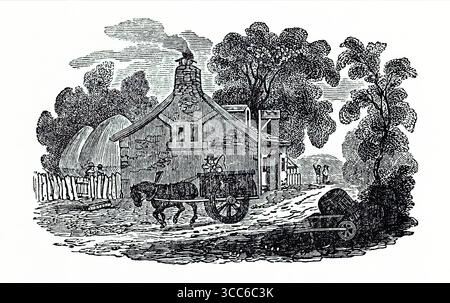 Eine pastorale Schwarz-weiß-Illustration mit einem Pferdewagen hielt vor einem aus Stein gebauten Häuschen mit einem Kamin an. Eine Figur sitzt auf dem Wagen, eine andere steht in der Nähe der Tür. Bäume und ein Holzzaun umrahmen die Szene, während ein Fass auf einem kleinen Handwagen im Vordergrund liegt. Die Stimmung ist rustikal, ruhig und historisch geerdet. Aus einer Auswahl gedruckter Kupfer- und Holzstiche, die 1851 von Henry Kent Causton als Teil von Izaak Walton und Charles Cotton's Buch The Compleat Angler veröffentlicht wurden. Stockfoto