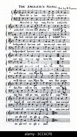 Ein Schwarzweiß-Gravur von Notenblättern mit dem Titel The Angler’s Song, vertont vom Komponisten Henry Lawes. Die Seite enthält Notenschrift und Texte in einer klaren Serifenschrift. Das Lied spiegelt die pastorale Philosophie von Izaak Waltons The Compleat Angler wider und verbindet sanfte Satire mit rustikaler Freude aus einer Auswahl gedruckter Kupfer- und Holzstiche, die 1851 von Henry Kent Causton als Teil des Buches The Compleat Angler von Izaak Walton und Charles Cotton veröffentlicht wurden. Stockfoto