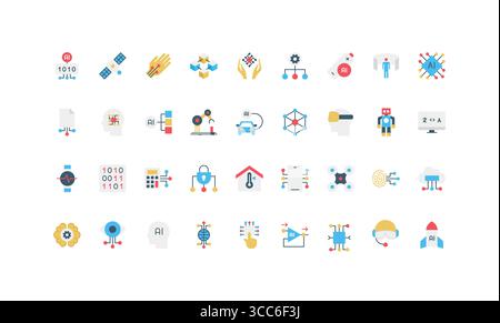 Moderne flache Symbole für künstliche Intelligenz, maschinelles Lernen, Robotik, Automatisierung, neuronale Netzwerke, und digitale Innovation in technologieisolierter Vektorillustration Stock Vektor