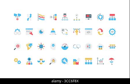 Farbenfrohe, flache DevOps-Symbole, die Workflow, Automatisierung, Codierung, Cloud, Integration, Überwachung und agiler Prozess für die Softwareentwicklung isolierte Vektordarstellung Stock Vektor