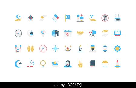 Minimalistisches flaches Ikonenset mit islamischen Symbolen, Gebet, Moschee, Mondsichel, Fasten, und kulturelle Elemente für Bildung, Web oder religiöse Vektorillustration Stock Vektor