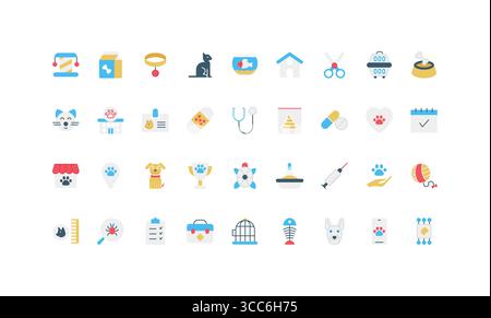 Farbenfrohe flache Symbole, die Haustierpflege-Essentials, tierärztliche Werkzeuge, Pflege, Fütterung, Gesundheit, und Tierzubehör für Katzen, Hunde und kleine Haustiere isolierte Vektorillustration Stock Vektor