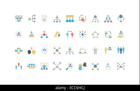 Sammlung einfacher, flacher Symbole, die Organisations-, Hierarchie-, Teamwork-, Management- und Geschäftsstrukturkonzepte darstellen, isolierte Vektorillustration Stock Vektor