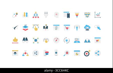 Satz einfacher, flacher SEO-Symbole, einschließlich Analysen, Ranking, Optimierung, KI, Marketing, und Webentwicklungskonzepte isolierte Vektorillustration Stock Vektor