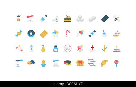 Bunte flache Ikonen aus Zucker, Süßigkeiten, Desserts, Süßigkeiten, Schokolade, und verwandte Lebensmittel für Ernährung, Süßwaren und Zutatenkonzepte isolierte Vektor-Illustration Stock Vektor