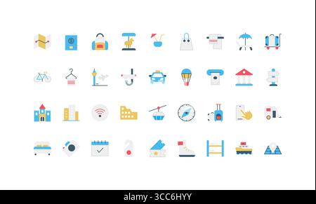 Reise- und Tourismussymbole in einfacher flacher Form, die Transport, Unterkunft, Navigation, Abenteuer und Urlaub Essentials isolierte Vektorillustration zeigen Stock Vektor