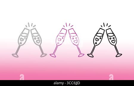Cheersing Champagnergläser mit Herzen: Line Art, Magenta und Bold Black Stock Vektor
