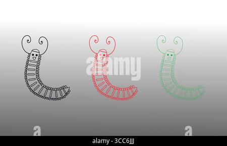 Niedliche Caterpillar Illustrationen: Handgezeichnete Designs mit Farbvarianten für Umrisse, Rot und Grün Stock Vektor