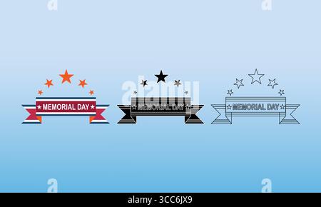 Memorial Day Banner: Stilisierte Vektorbänder mit Sternen in Rot und Blau, Schwarz und weiß und Outline-Designs Stock Vektor