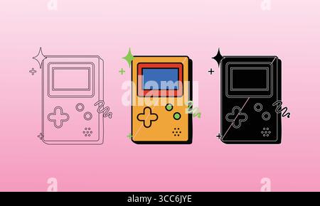 Retro Handheld Game Console Symbole in Outline, Color und Silhouette Stock Vektor