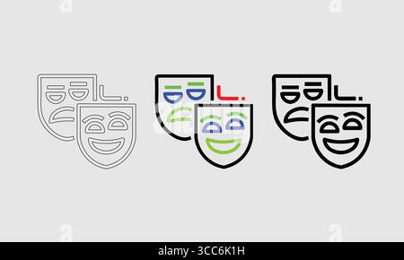 Beschreibung von Theatermasken, die Komödie und Tragödie in verschiedenen Stilen darstellen Stock Vektor