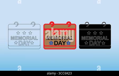 Symbole für den Memorial Day-Kalender: Kontur, Farbe und Schwarzweiß-Versionen Stock Vektor