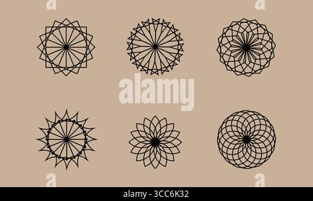 Sechs komplizierte geometrische Mandala-Muster in Schwarz auf beigefarbenem Hintergrund, die Symmetrie und abstrakte Designstile zeigen Stock Vektor