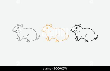 Niedliche Hamster- oder Ratte-Illustrationen in Outline, Orange und Schwarz Stock Vektor